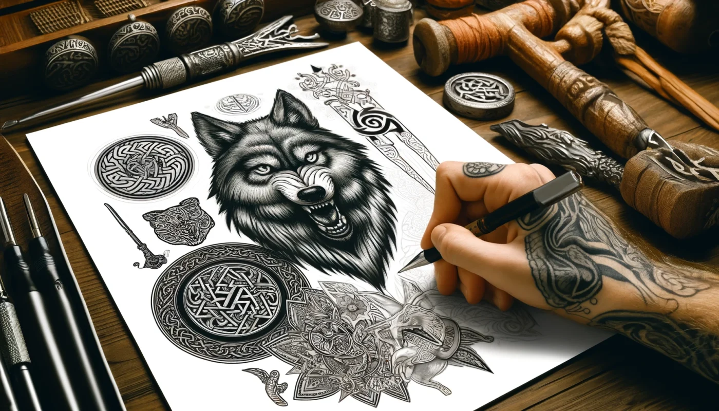 An-illustration-showing-a-Viking-wolf-tattoo-design-process-with-an-artist-drawing-intricate-Norse-patterns-and-symbols-depicting-a-fierce-wolf